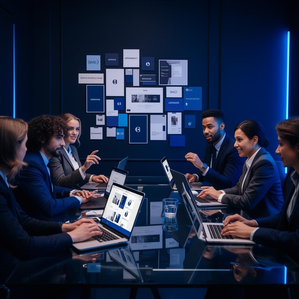 BLUELINES Team im Strategie-Meeting vor einem Branding-Board