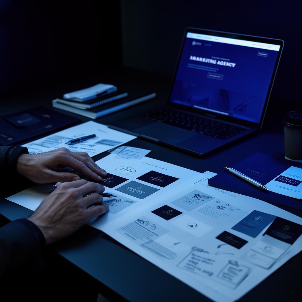 Premium Branding-Board und Website-Design auf einem Schreibtisch
