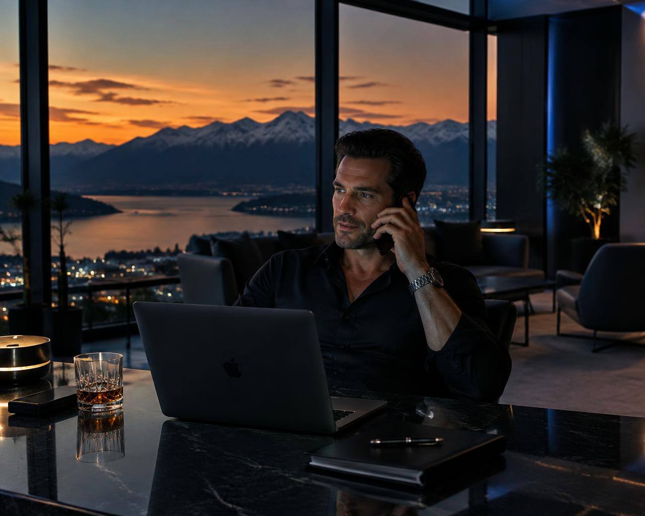 Sales Partner von BLUELINES am Telefon mit Laptop vor Alpenpanorama