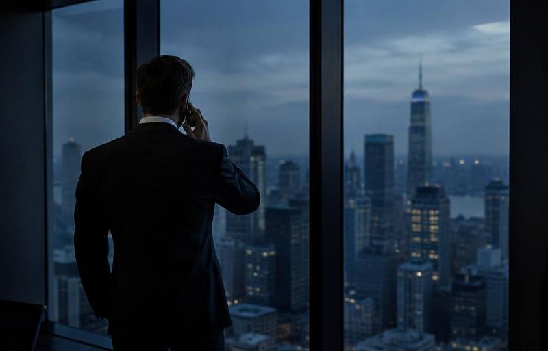 Sales Partner telefoniert mit Blick über die Stadt