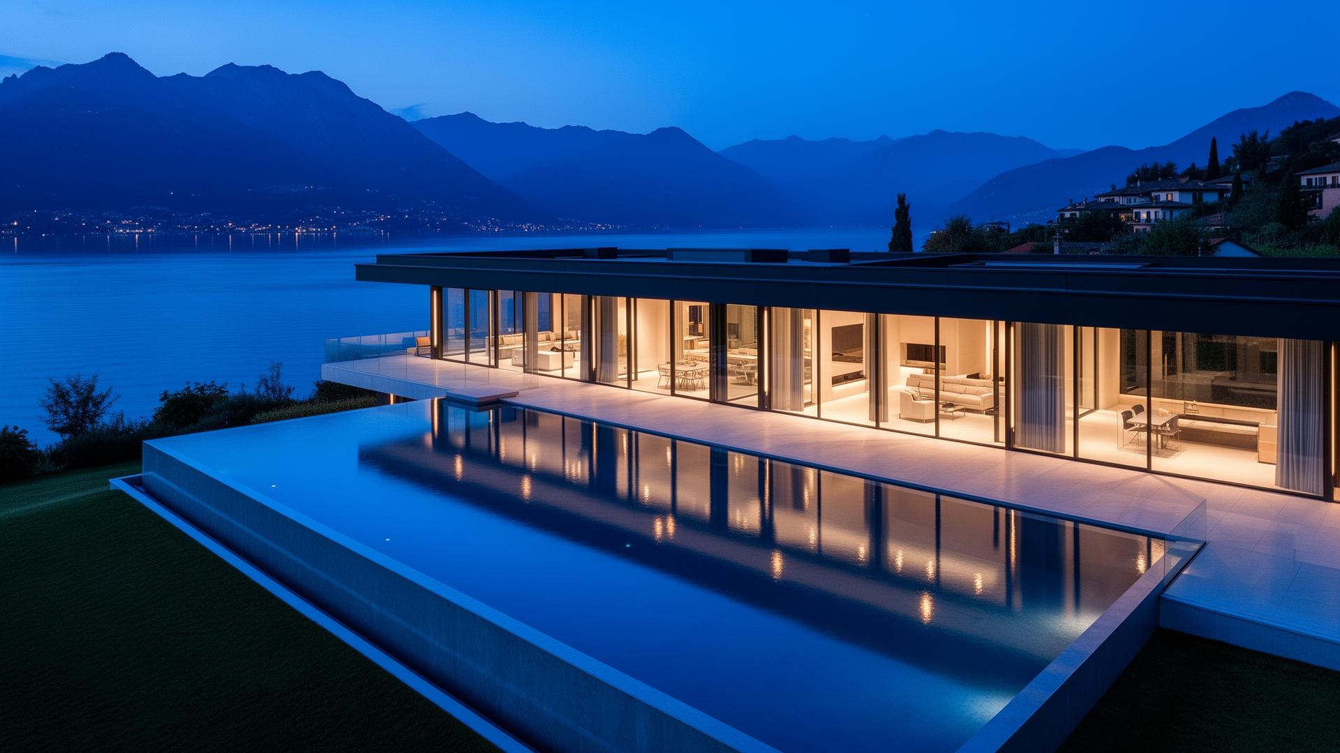 Luxuriöse moderne Villa mit Infinity-Pool bei Dämmerung